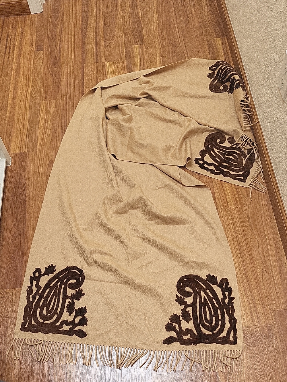 Loro Piana Beige Cashmere Shawl  With Dark Brown Mink Fur Paisley Ornament